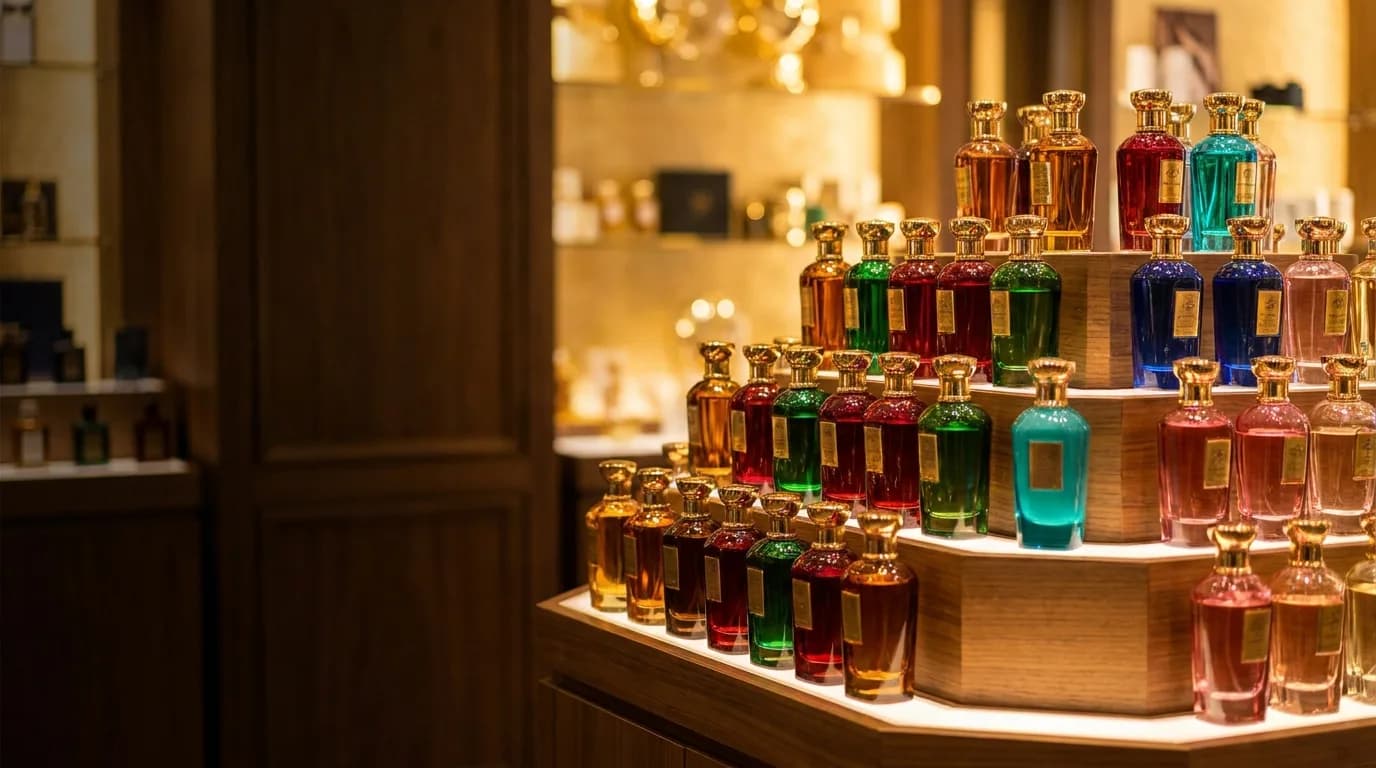 Vitrine de perfumaria com frascos coloridos dispostos em degraus sob luz dourada